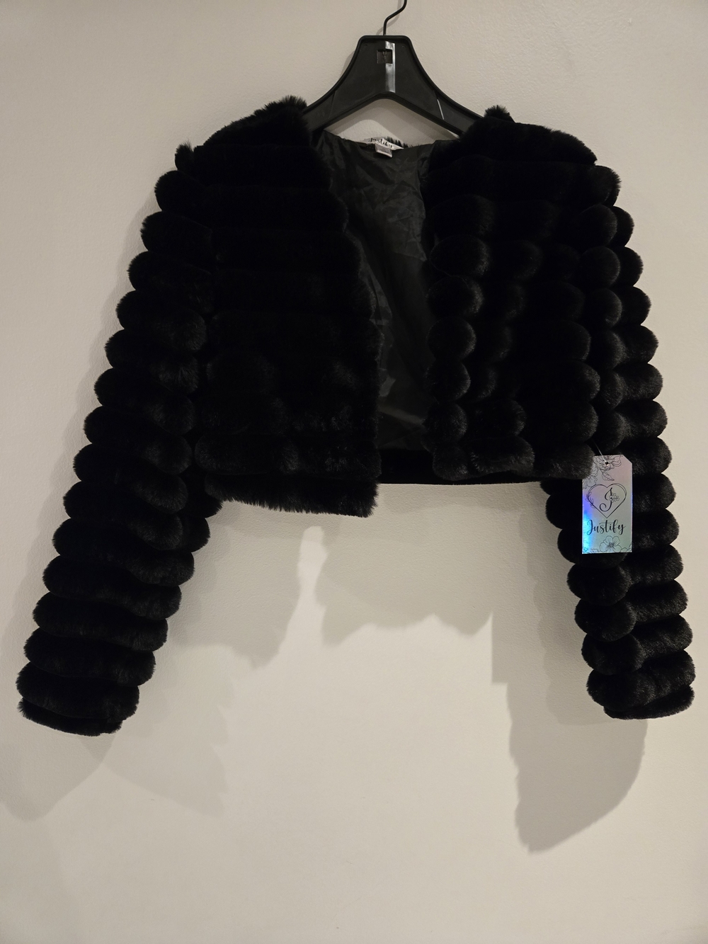 Justify Black Faux Fur Cropped Teddy Jacket